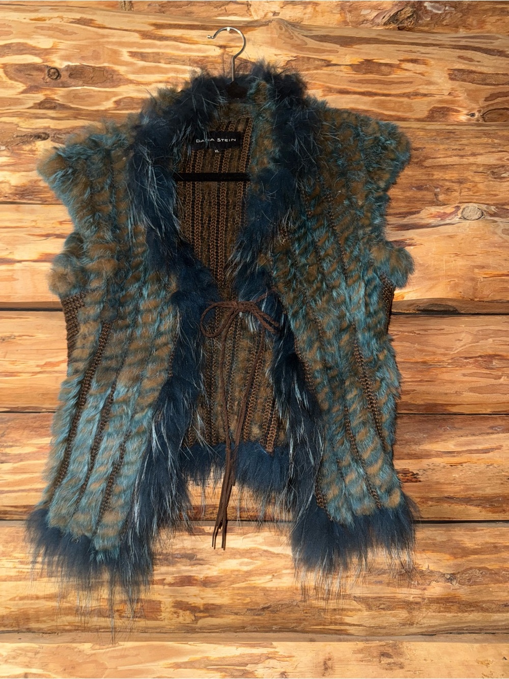 Dana Stein Teal & Brown rabbit and raccoon Fur Knit Vest